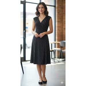 Lauren Ralph Lauren Faux Wrap Dress Womens‎ 12 Black Polka Dot Ruched Midi